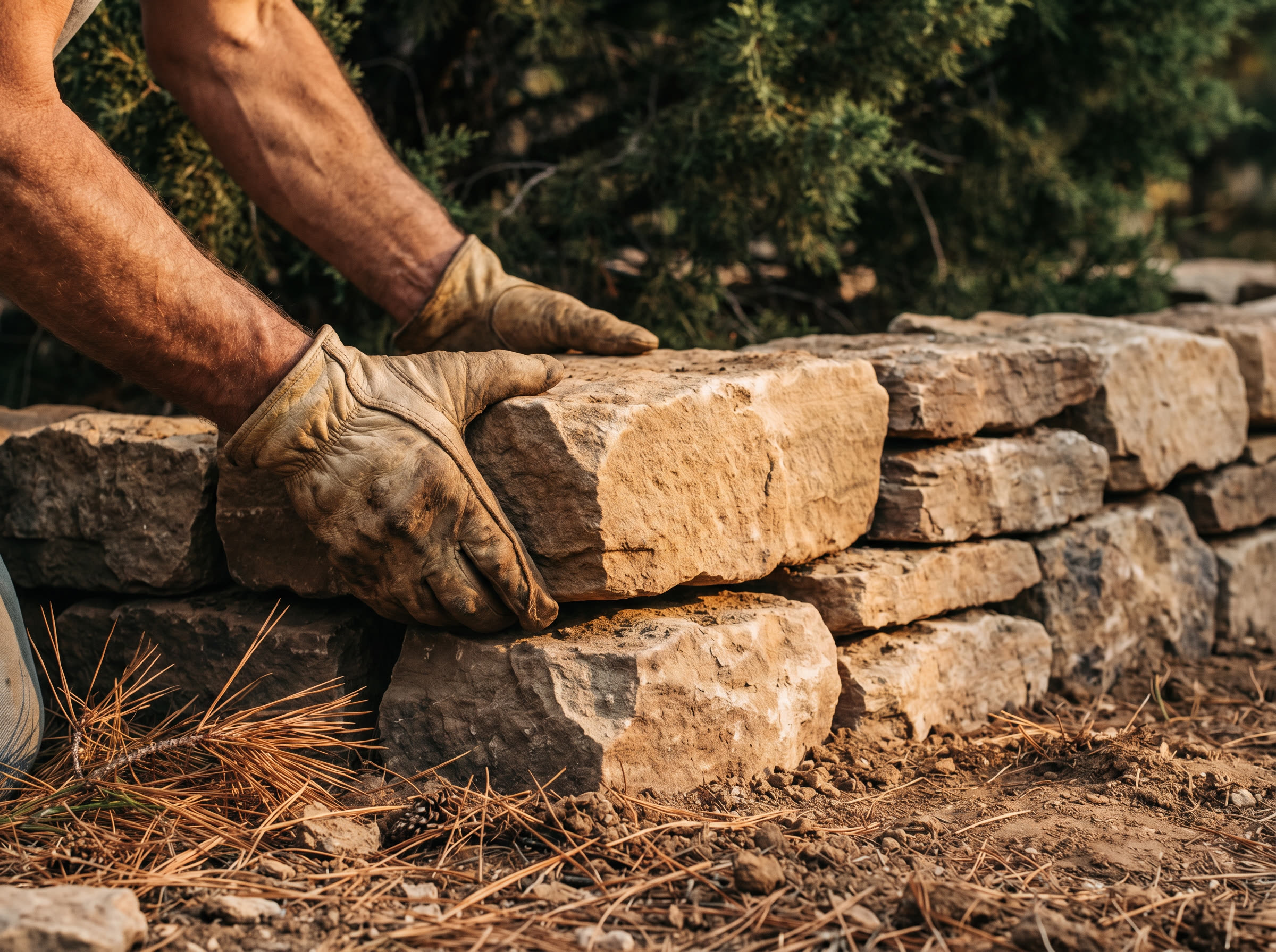 A weathered hand in a leather work glove carefully setting a sandstone block on a dry-stacked retaining wall — pine needles scattered at the base.