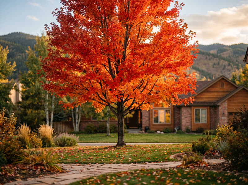 Autumn Blaze maple in brilliant red-and-orange peak fall color