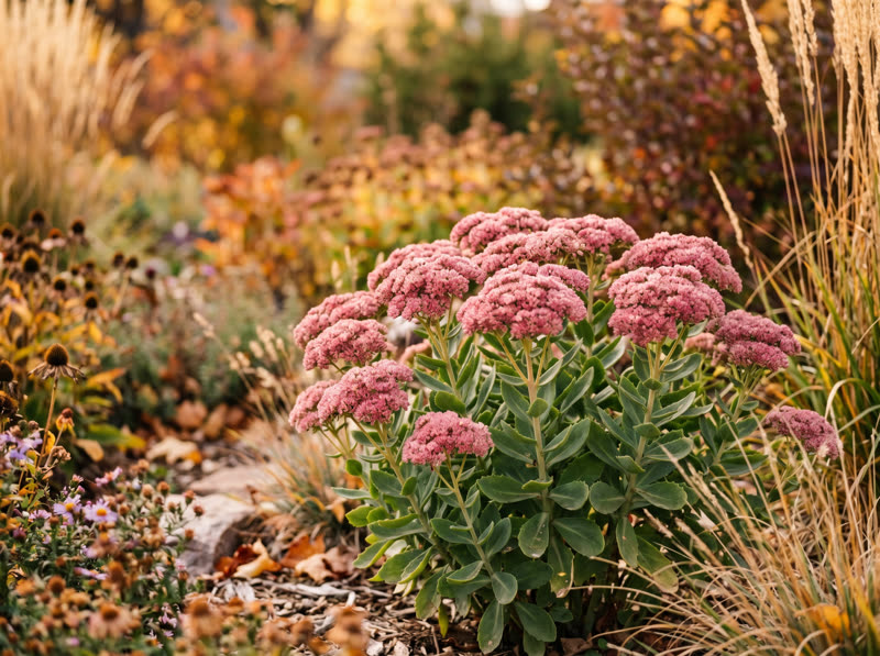 Autumn Joy sedum with succulent foliage and dusty rose flower clusters