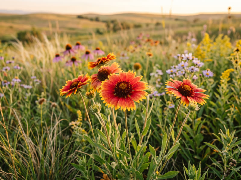 Red-and-gold blanket flower pinwheels in a Colorado wildflower meadow