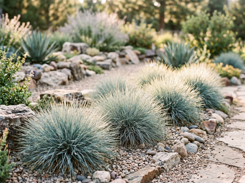 Spiky silvery-blue blue fescue mounds in a Colorado rock and gravel garden