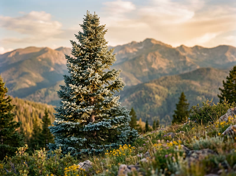 Colorado blue spruce with silvery-blue needles framed by Rocky Mountain peaks
