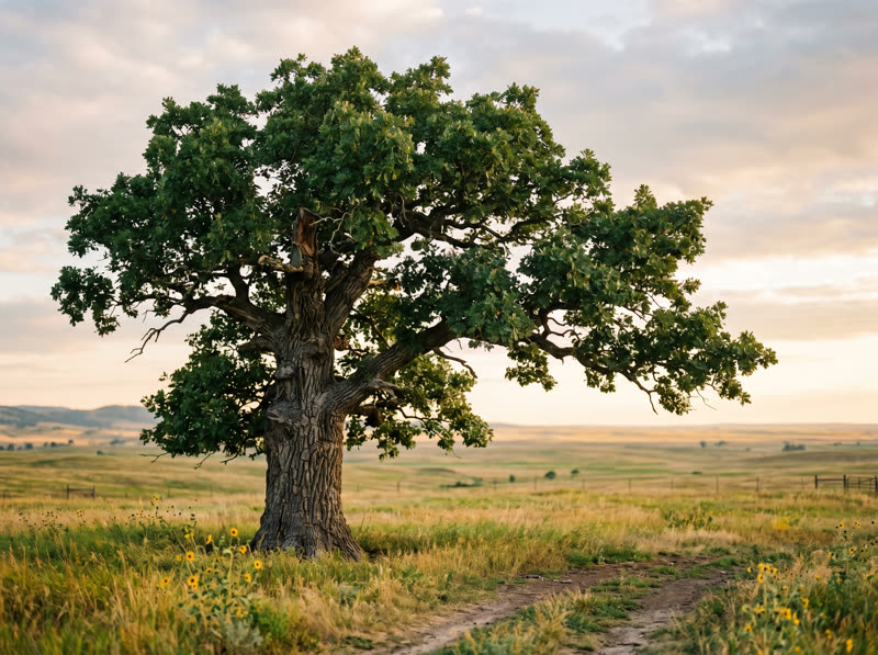 Massive bur oak with a spreading canopy standing alone on Colorado prairie