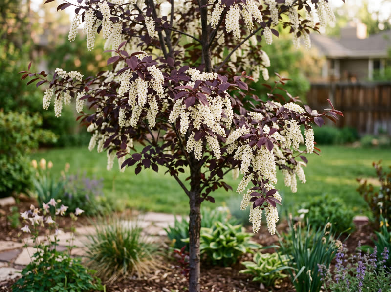 Canada Red chokecherry with burgundy leaves and drooping white flower panicles