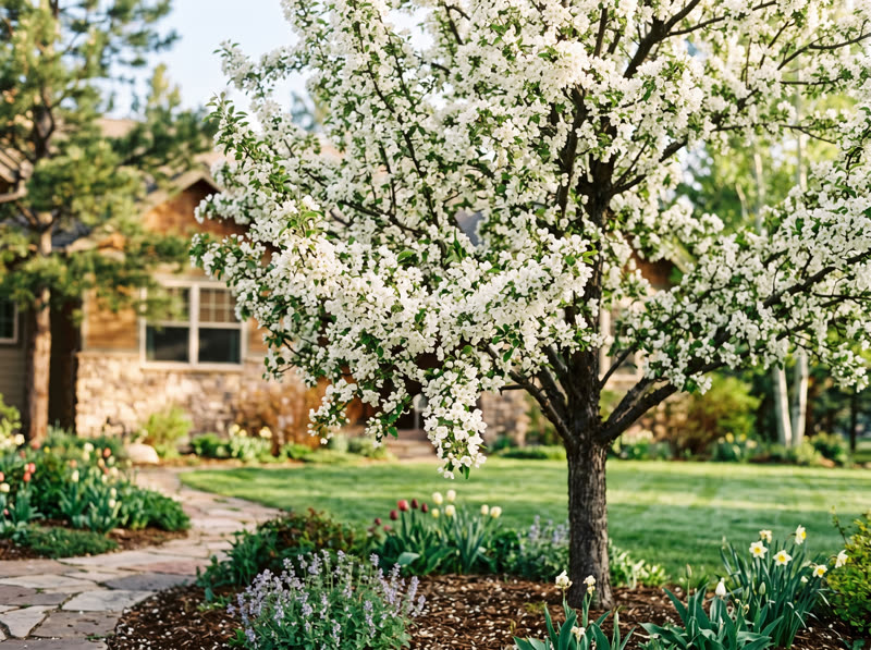 Spring Snow crabapple covered in fragrant white blossoms beside a stone-clad home