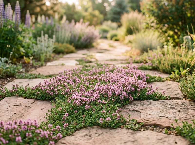 Creeping thyme with pink-purple flowers spilling between flagstone pavers