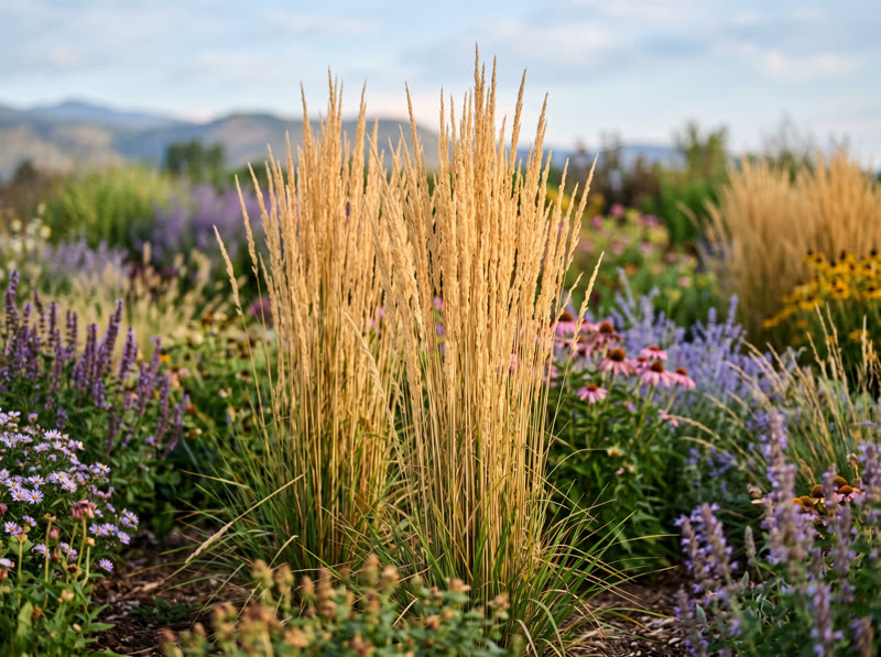 Karl Foerster feather reed grass with tall golden vertical plumes in a perennial bed