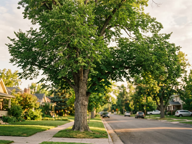 Mature hackberry shade tree on a Colorado residential street