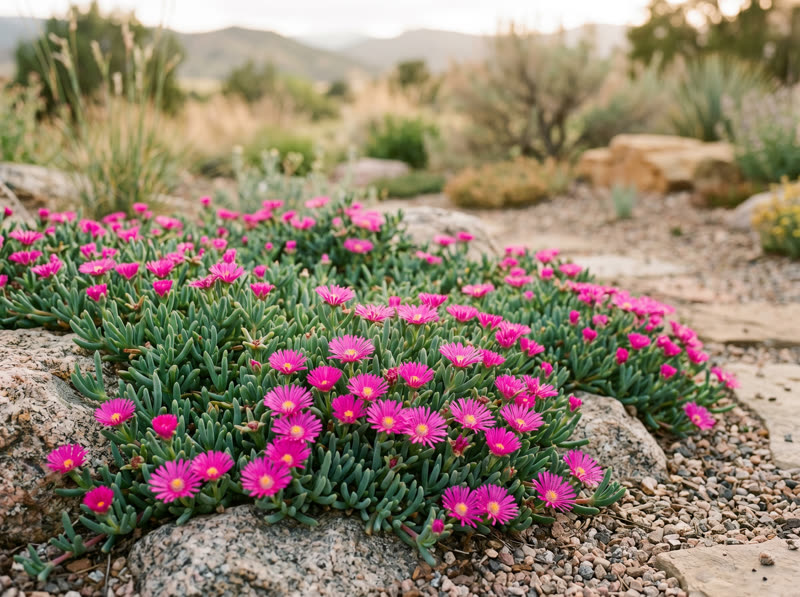 Hardy ice plant with magenta succulent flowers in a rocky xeriscape