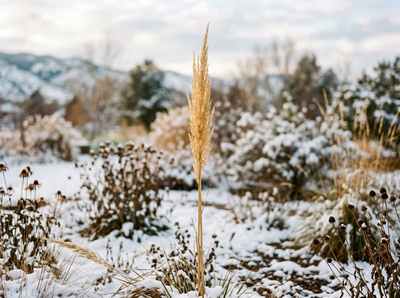Single Karl Foerster reed grass plume standing in a snow-dusted winter garden