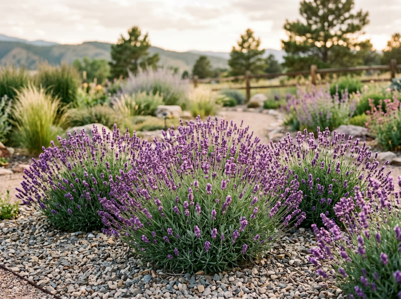 English lavender mounds with silver foliage and purple flower spikes