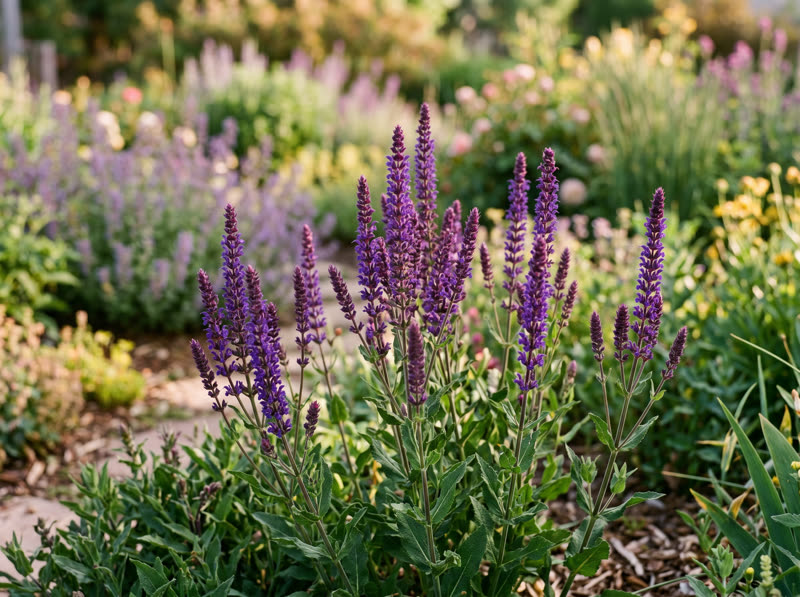Violet-purple May Night salvia flower spikes in late-spring bloom