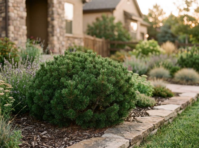 Dense rounded dwarf mugo pine in a Colorado foundation bed with stone edging