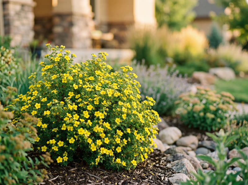 Gold Drop potentilla shrub covered in bright yellow buttercup flowers