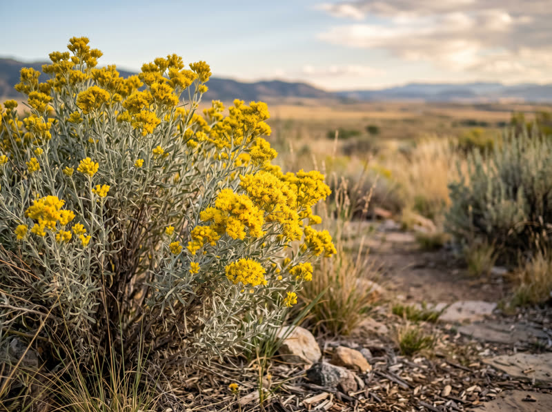 Silver-gray rabbitbrush covered in bright yellow fall blooms against distant foothills