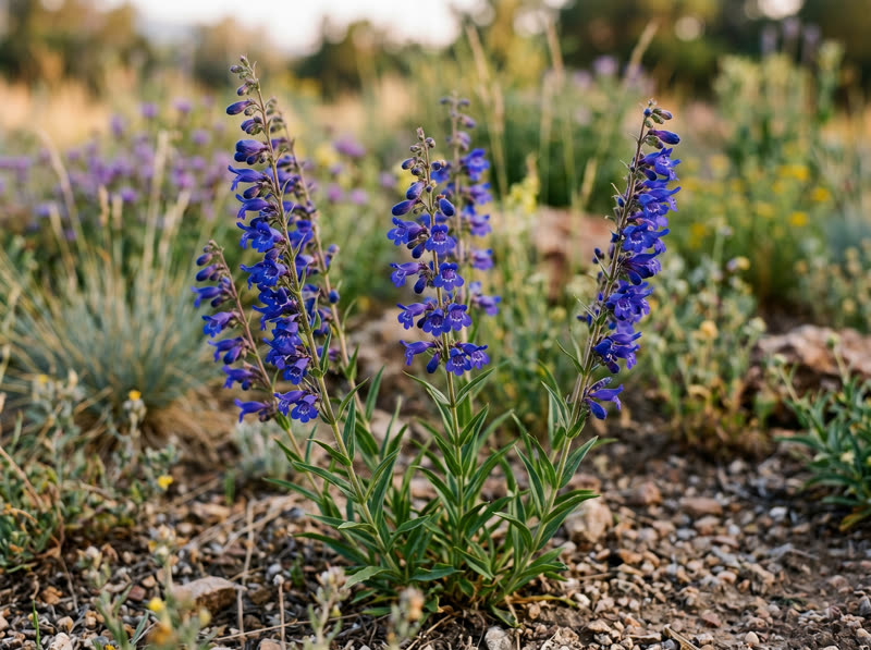 Rocky Mountain penstemon with tubular deep blue flowers on upright stems