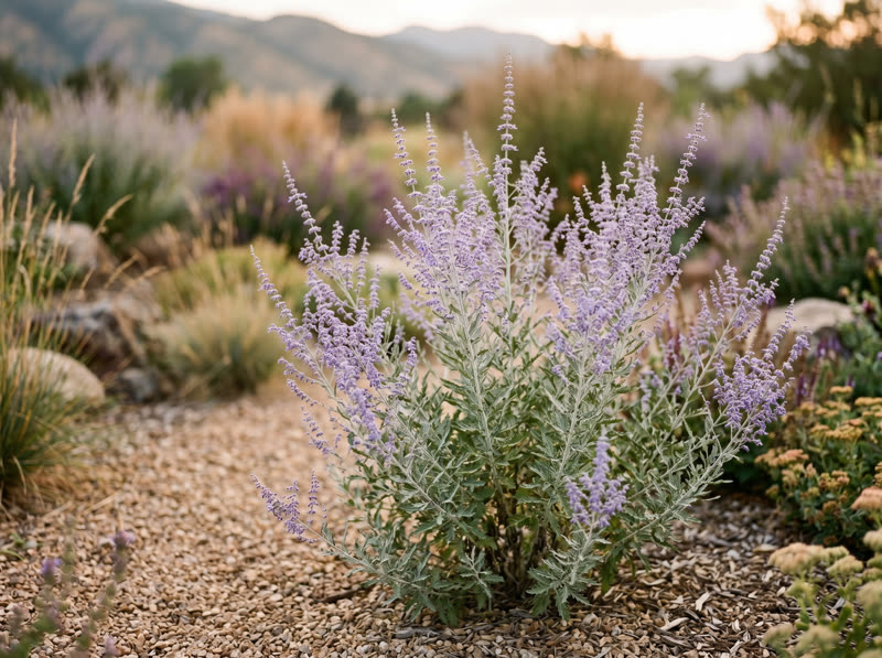 Silvery Russian sage foliage topped with airy lavender-blue flower spikes