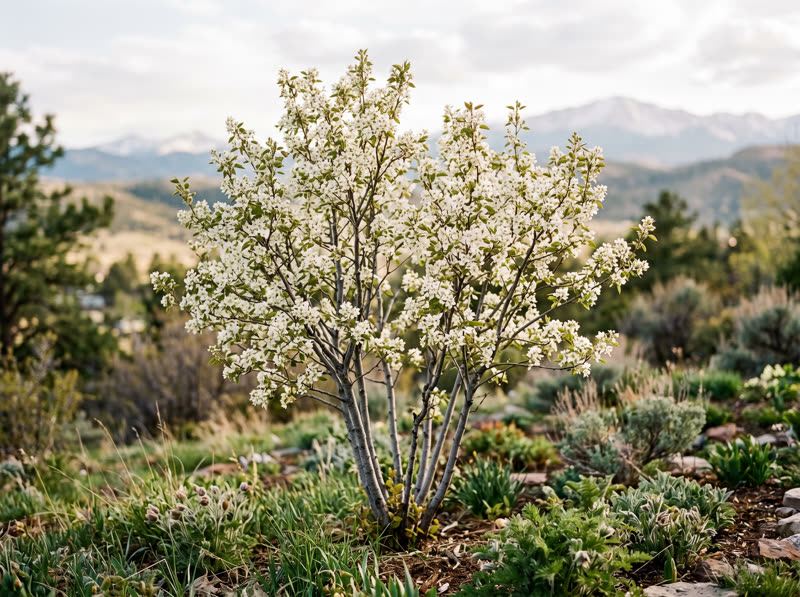 Serviceberry in full white spring bloom with Pikes Peak foothills behind