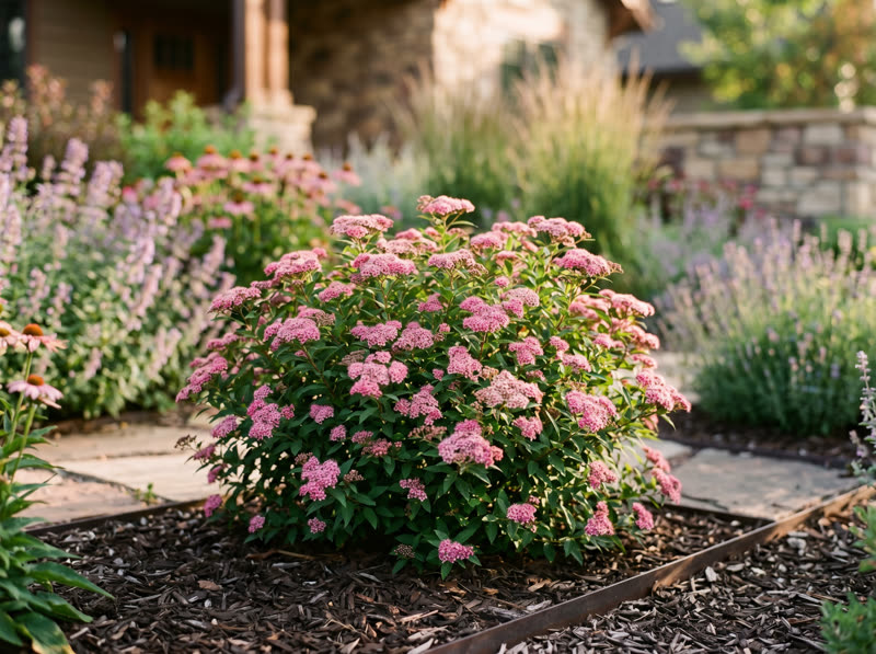 Little Princess spirea with pink flat flower clusters in a landscape bed