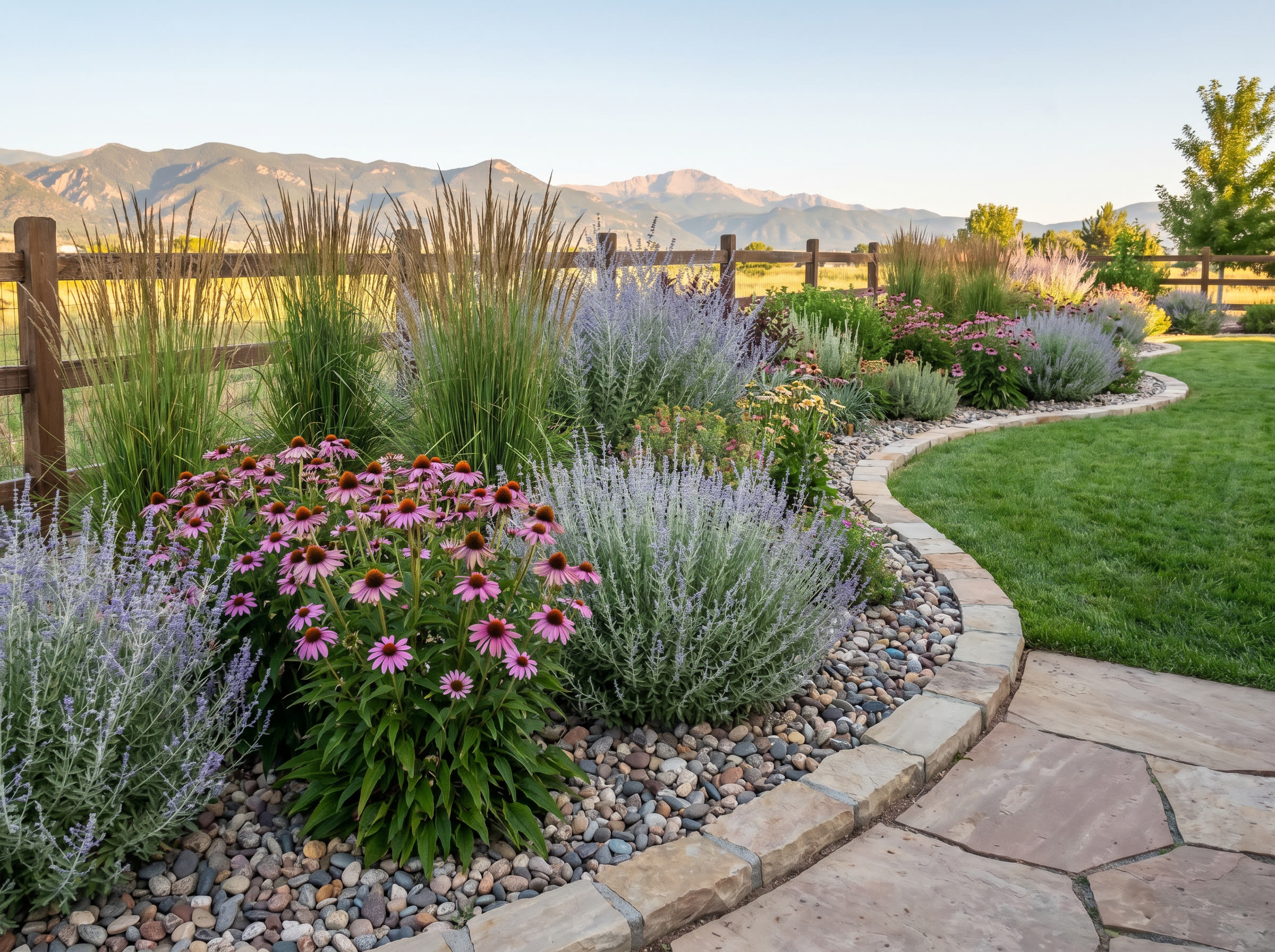 Layered flower bed along a flagstone walkway with coneflowers, Russian sage, and ornamental grasses, mountains in background.