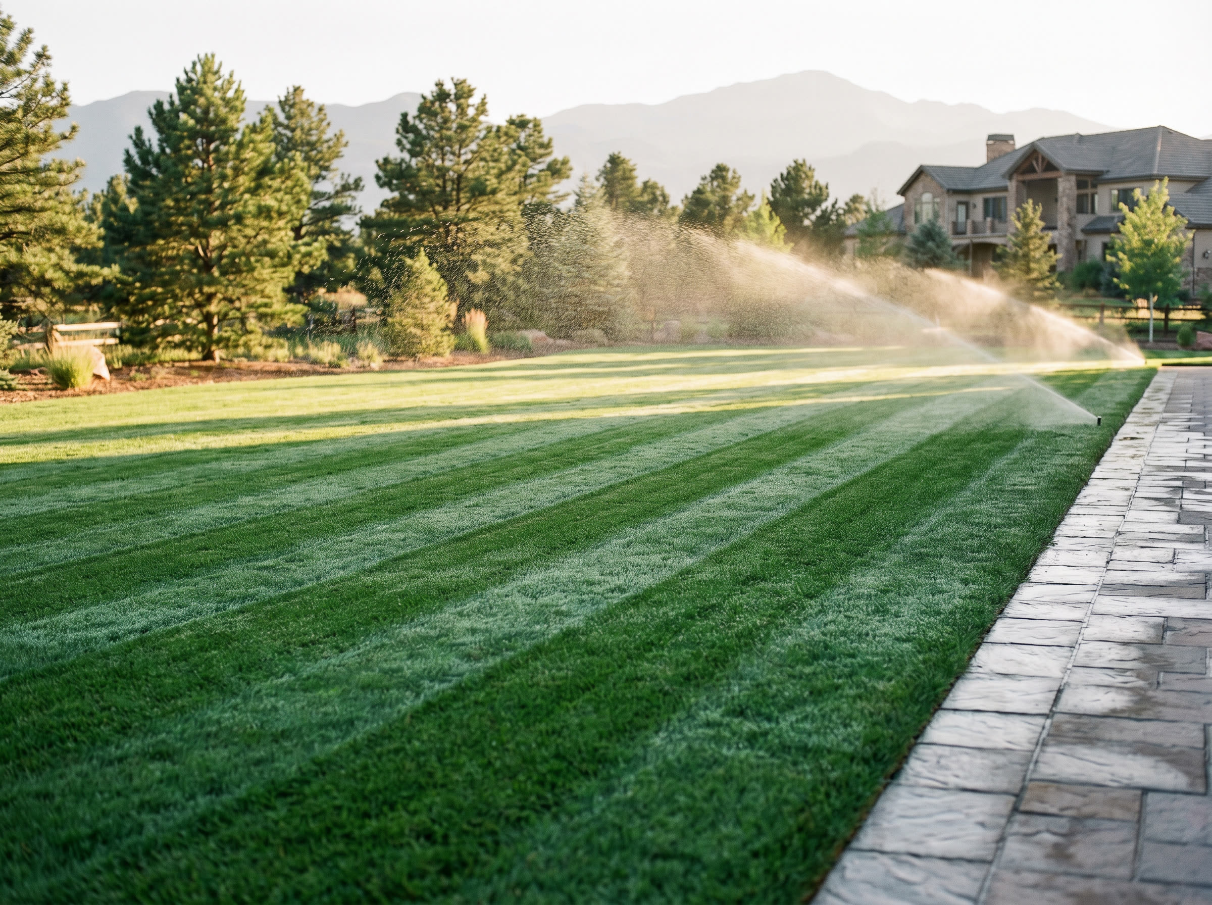 Freshly mowed striped lawn with sprinkler mist catching morning sunlight and pine trees in the background.