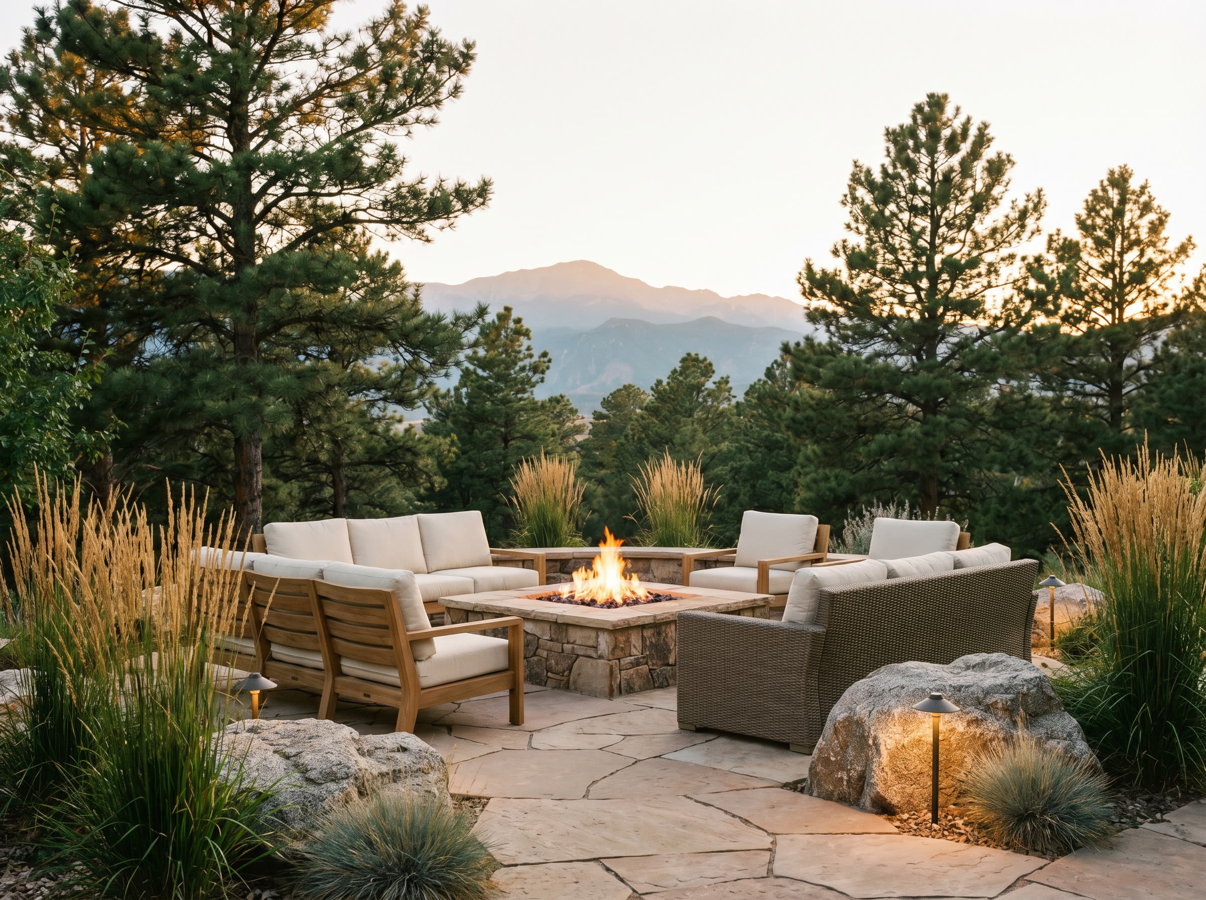 Flagstone patio with a natural stone fire pit, teak seating, ornamental grasses, and pine trees framing a mountain view at dusk.