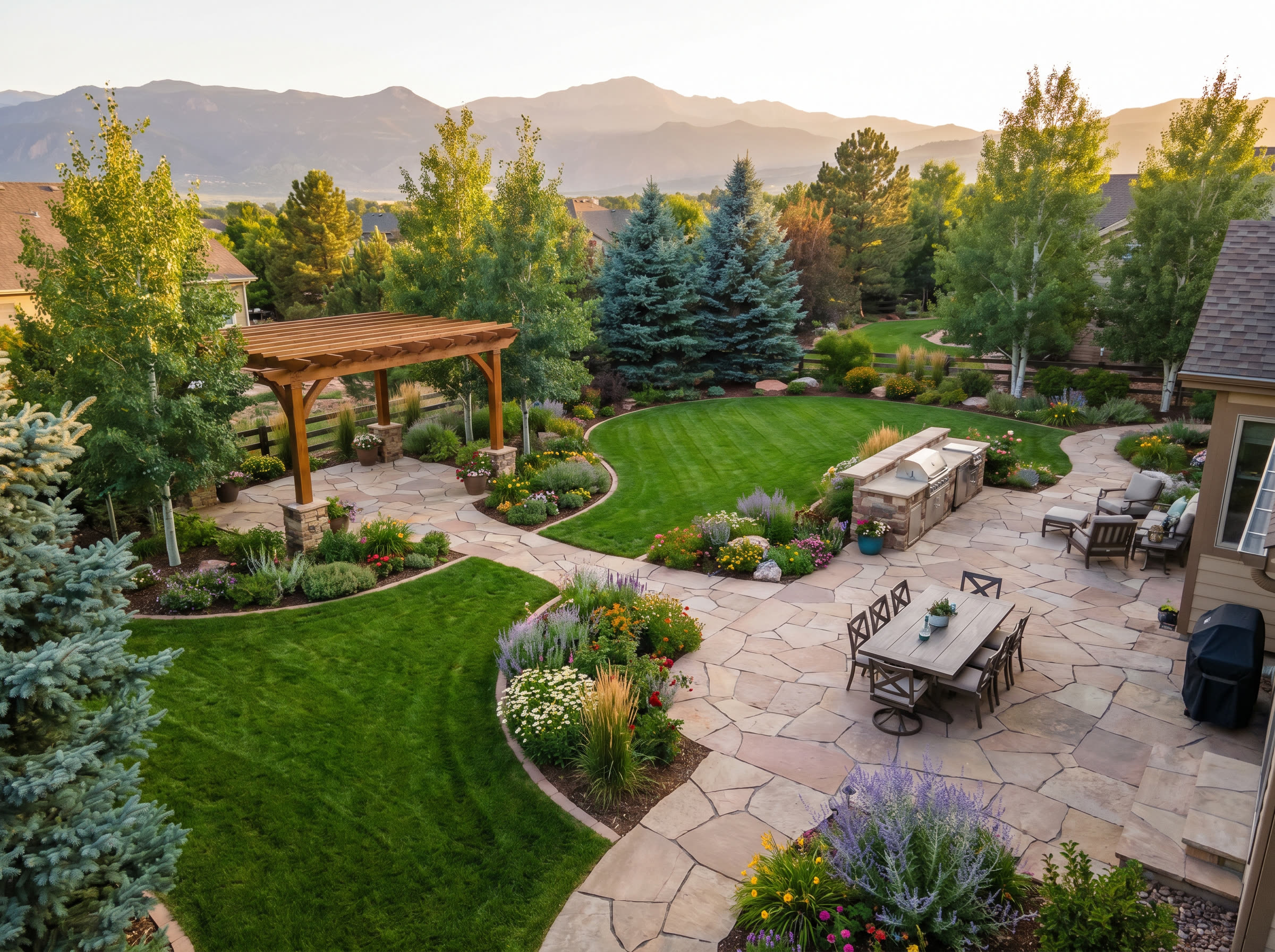 Full landscape renovation with flagstone patio, pergola, curved garden beds, and a manicured lawn with Front Range mountain views.