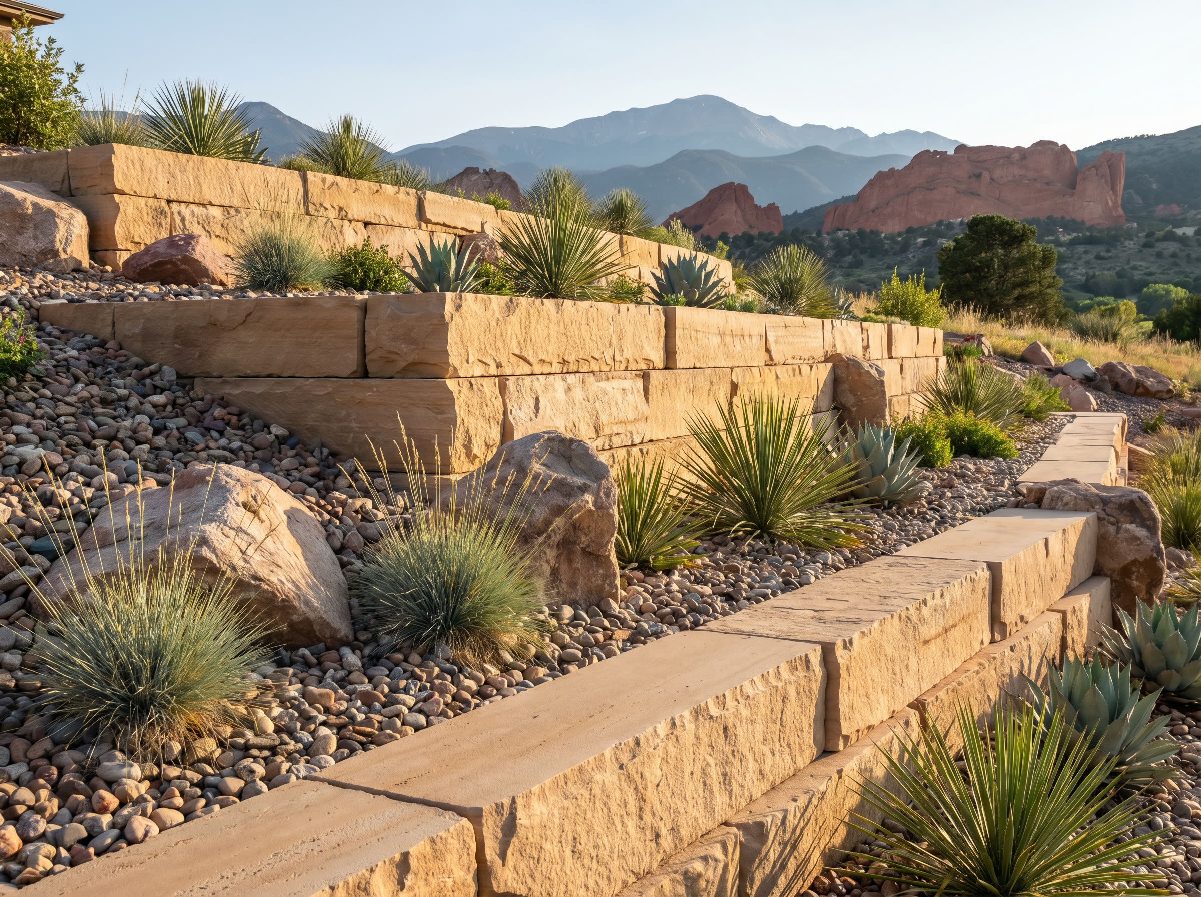 Tiered sandstone retaining wall with xeriscape plantings, river rock, and Garden of the Gods rock formations in the background.